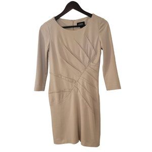 Adrianna Papell Layered Waist Accents Sheath Dress ¾ Sleeves Stretch Tan Size 2